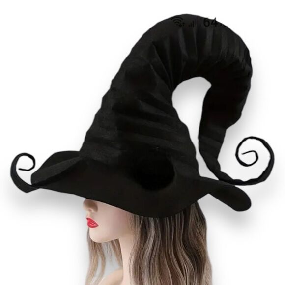 Pointed Curled Crown Wide Brim Felt Black Witch Hat - NEW - Picture 1 of 4